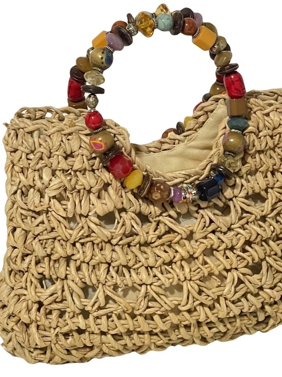 Cappelli Straworld Handbags - Cappelli Straworld Purse Handbag Round Beaded Jewel Handles Beige/Gold Lined